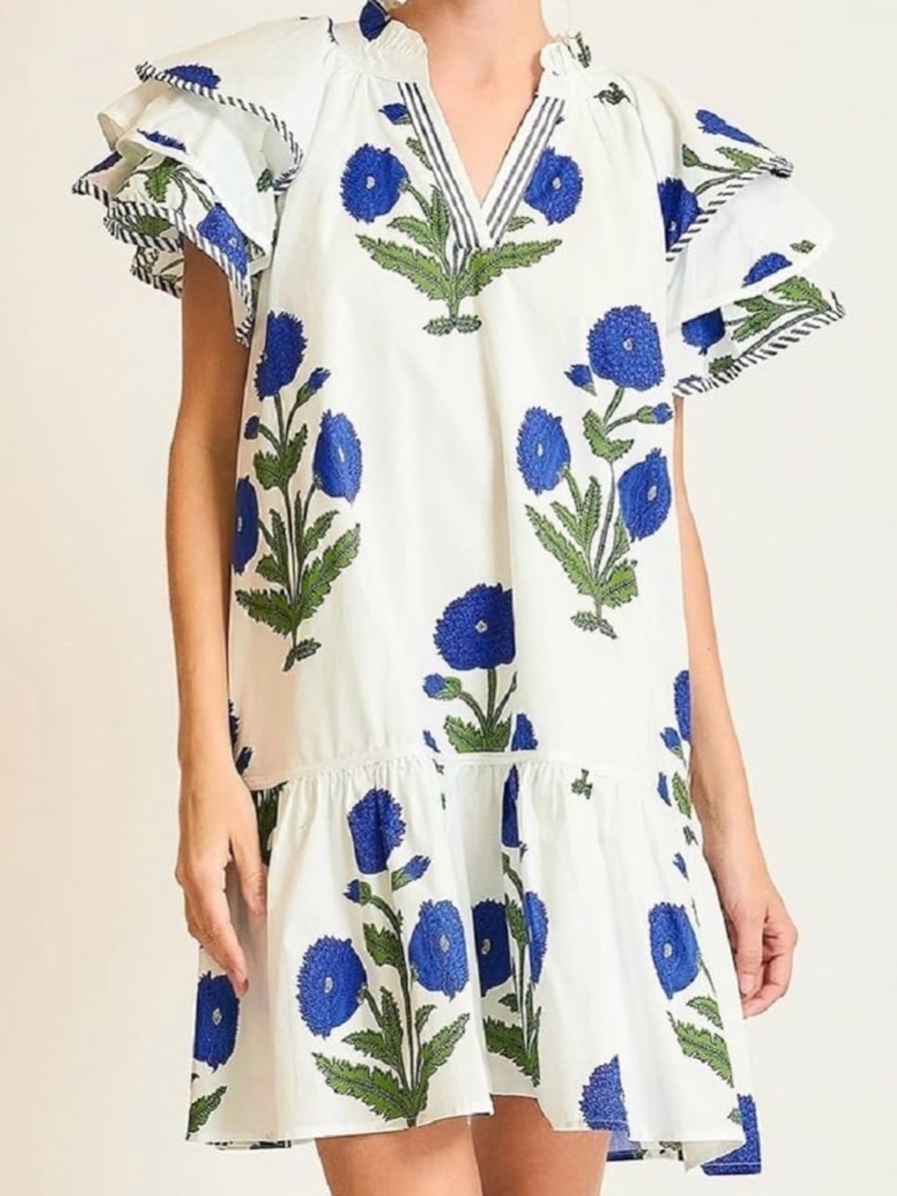 Lordree Blue Floral Boho Ruffle Sleeve Babydoll Mini Dress Small NWOT